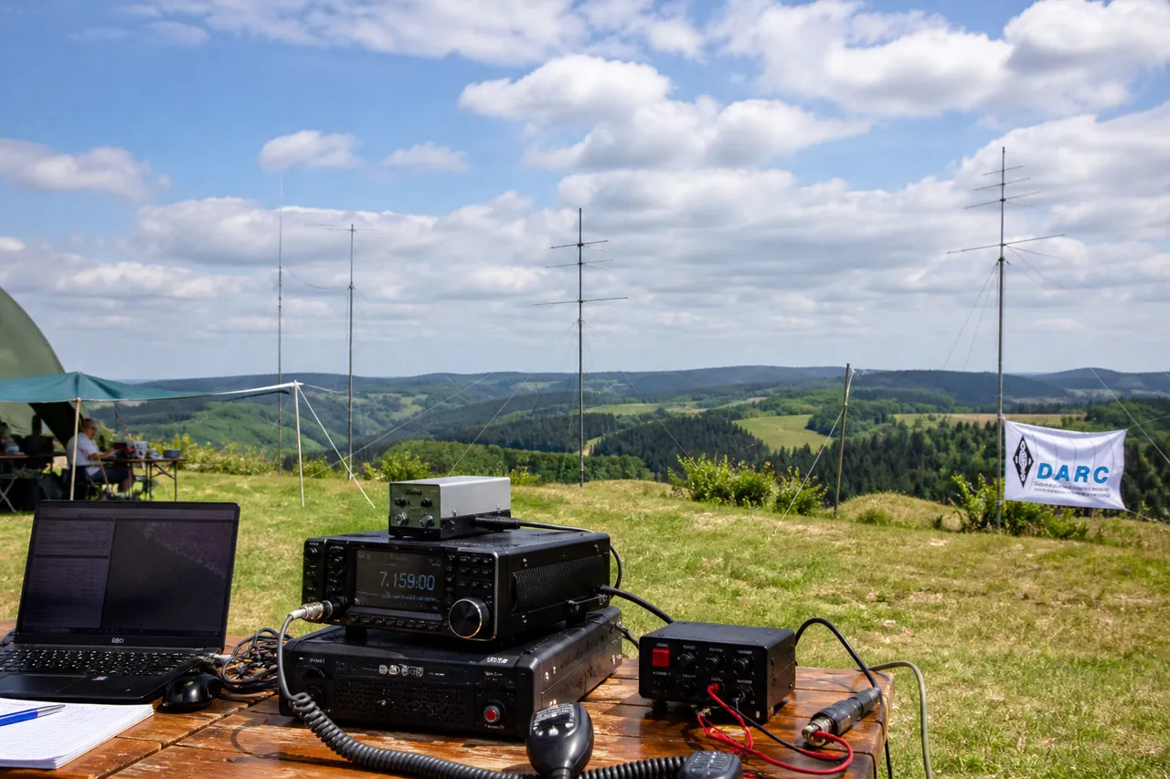 Amateurfunkstation mit mehreren Geräten und Antennen auf einer Anhöhe mit Blick auf eine bewaldete Hügellandschaft.