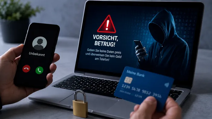 Ein Smartphone mit eingehendem Anruf von einer unbekannten Nummer und ein Laptop mit Warnhinweis vor Betrug stehen im Vordergrund. Im Hintergrund ist eine Person mit Kapuze vor einem binären Code zu sehen, daneben eine Kreditkarte und ein Vorhängeschloss.