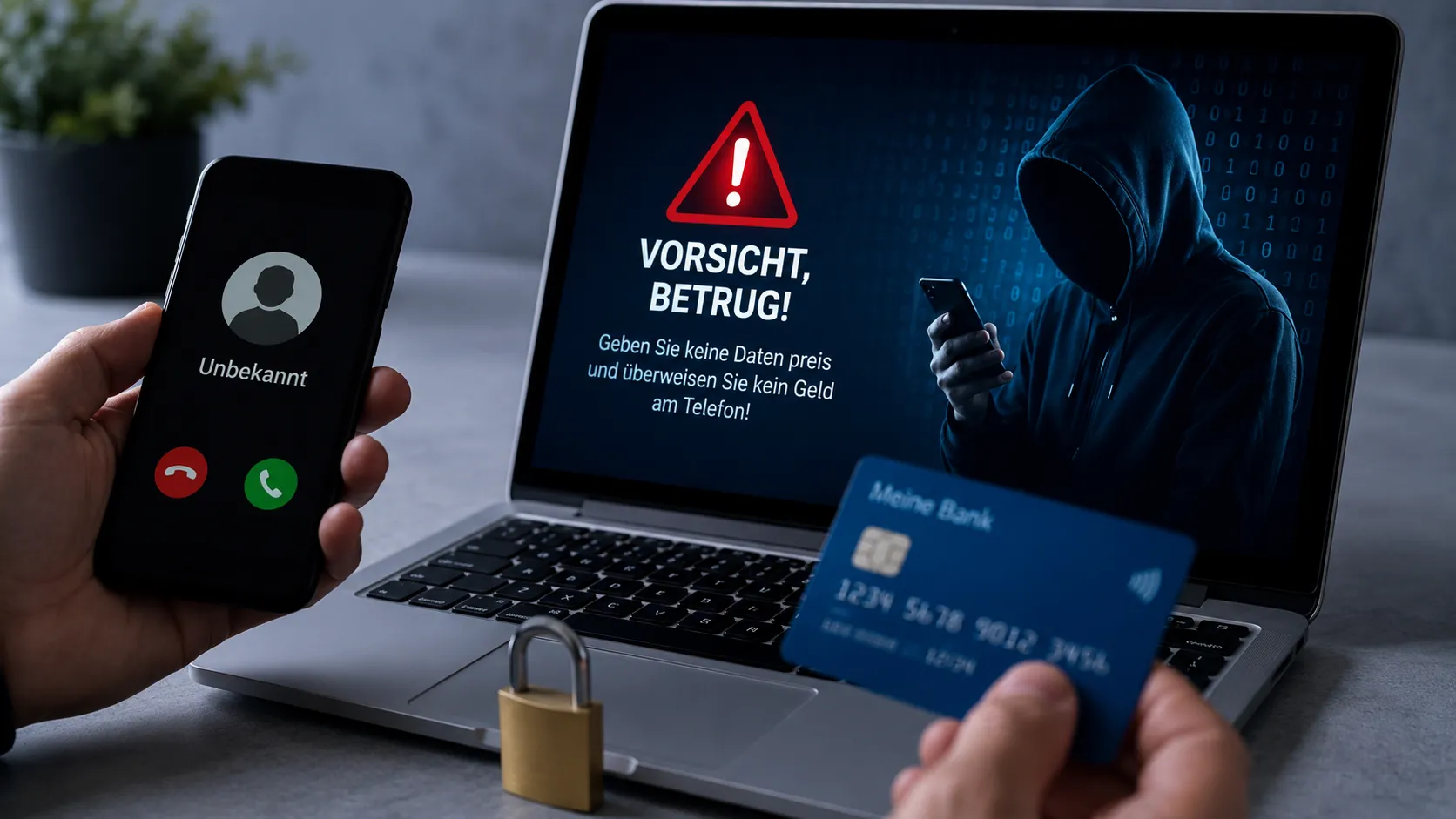 Ein Smartphone mit eingehendem Anruf von einer unbekannten Nummer und ein Laptop mit Warnhinweis vor Betrug stehen im Vordergrund. Im Hintergrund ist eine Person mit Kapuze vor einem binären Code zu sehen, daneben eine Kreditkarte und ein Vorhängeschloss.