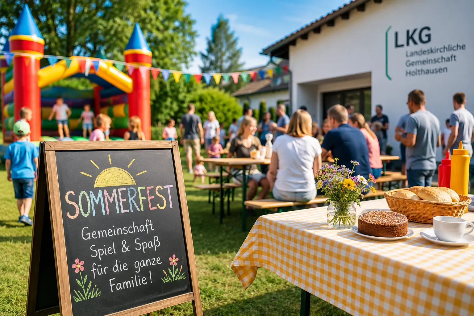 Sommerfest der LKG Holthausen mit Hüpfburg im Hintergrund und einem Tisch mit Kuchen und Gebäck im Vordergrund. Ein Schild kündigt „Sommerfest – Gemeinschaft, Spiel & Spaß für die ganze Familie!“ an.