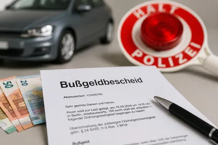 Bußgeldbescheid, Geldscheine und ein Polizeischild liegen neben einem Auto. Der Bescheid liegt mit einem Füller unterschrieben bereit.