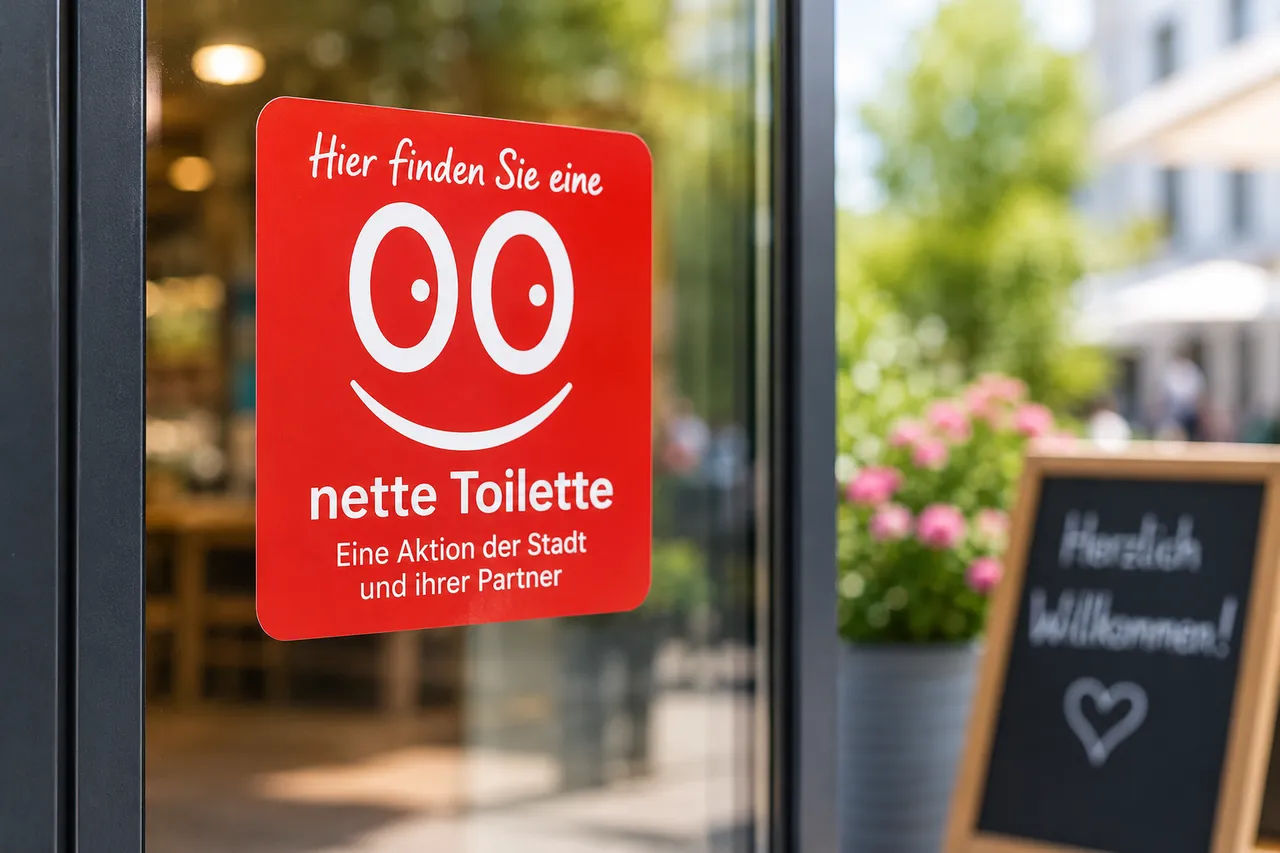 Ein rotes Schild mit dem Symbol für eine freundliche Toilette (zwei Nullen als Augen und ein Lächeln) kündigt eine öffentliche Toilette an. Der Text auf dem Schild lautet 