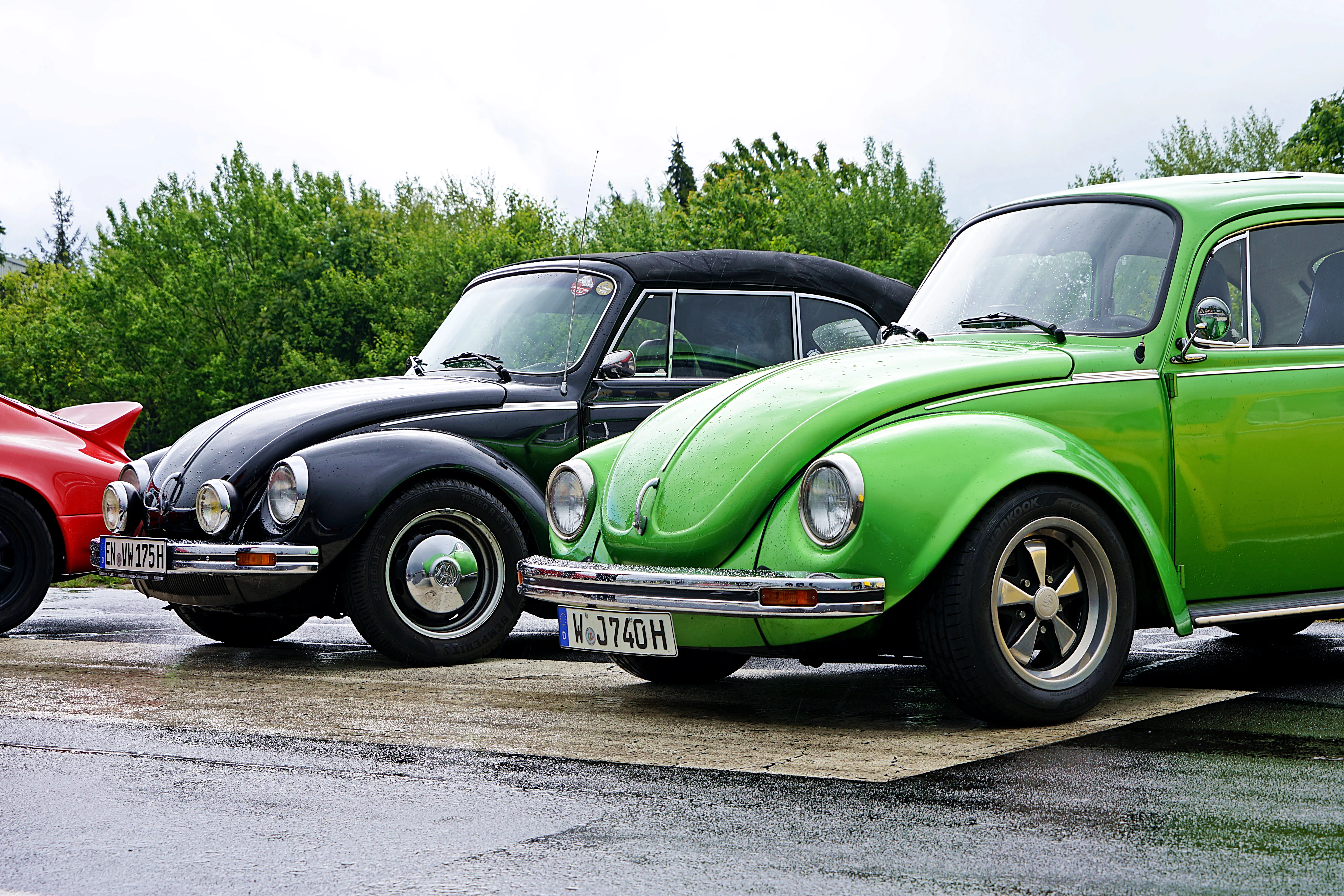 Drei Oldtimer-VW-Käfer in Schwarz, Grün und Rot stehen auf einem Parkplatz vor grüner Vegetation. Die grünen und schwarzen Fahrzeuge haben Fuchsfelgen.