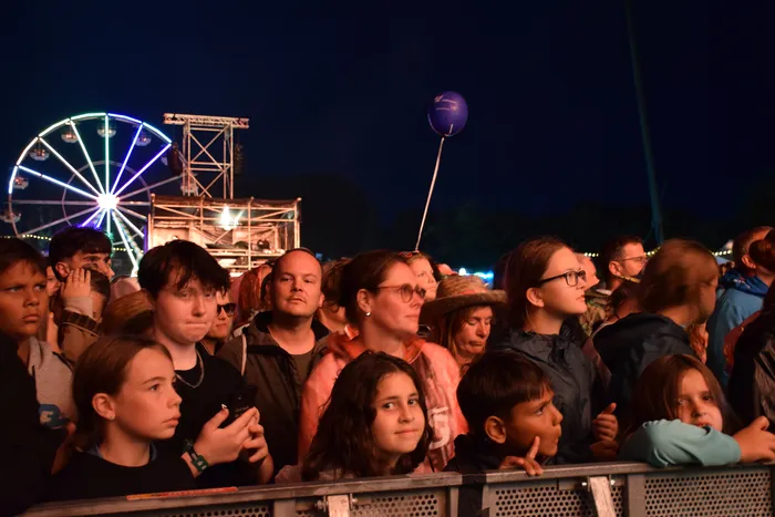 Menschenmenge bei einem Musikfestival bei Nacht vor einem beleuchteten Riesenrad.