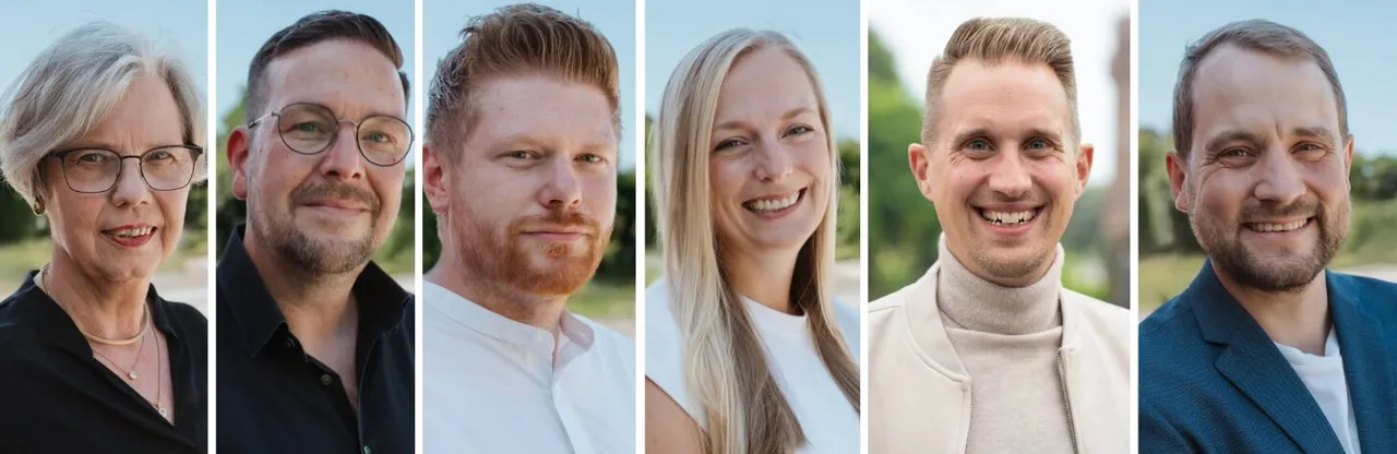 Porträt-Collage der Mitglieder der UWG-Fraktion Halver: Dr. Sabine Wallmann, Kristian Hamm, Bastian Droß, Simona Haake, Benedikt Haake und Marius Theiß.