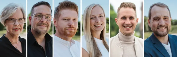 Porträt-Collage der Mitglieder der UWG-Fraktion Halver: Dr. Sabine Wallmann, Kristian Hamm, Bastian Droß, Simona Haake, Benedikt Haake und Marius Theiß.