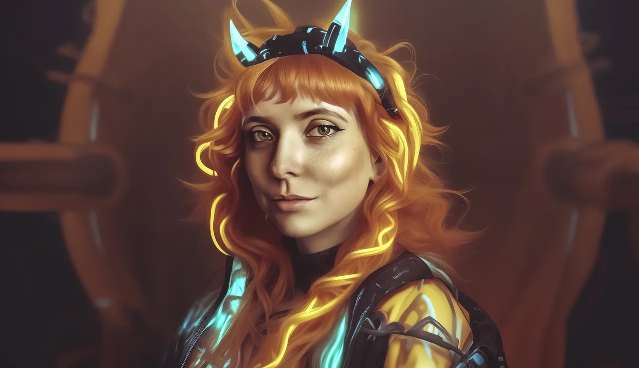 Eine junge Frau mit langen, roten Haaren und einem futuristischen Kopfschmuck blickt in die Kamera. Sie trägt eine dunkle Jacke mit leuchtenden blauen Akzenten.