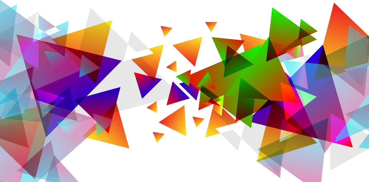 Abstrakte Grafik mit bunten, überlappenden und halbtransparenten Dreiecken auf weißem Hintergrund.
