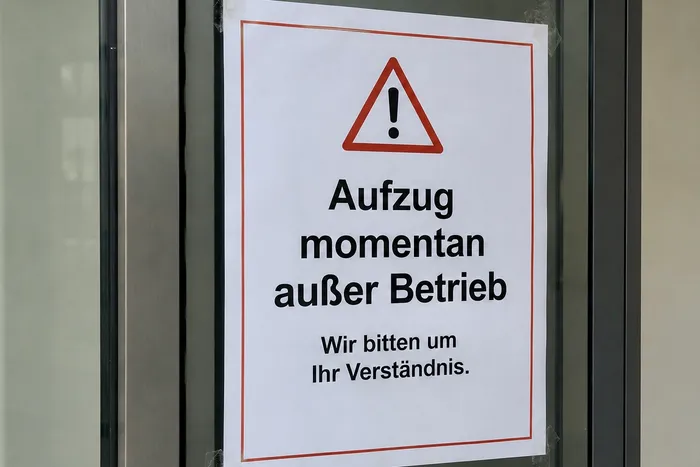Ein weißes Schild mit einem roten Warndreieck und dem Text „Aufzug momentan außer Betrieb. Wir bitten um Ihr Verständnis.“