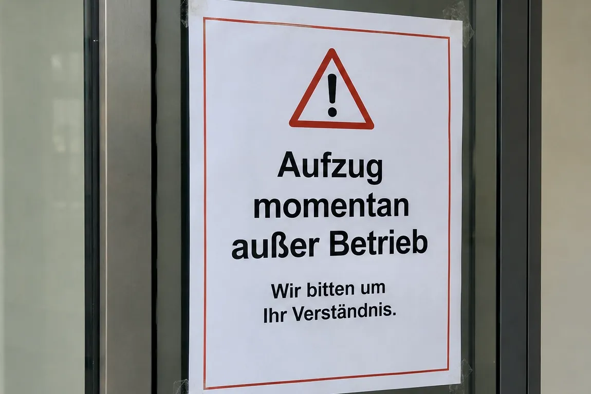 Ein weißes Schild mit einem roten Warndreieck und dem Text „Aufzug momentan außer Betrieb. Wir bitten um Ihr Verständnis.“