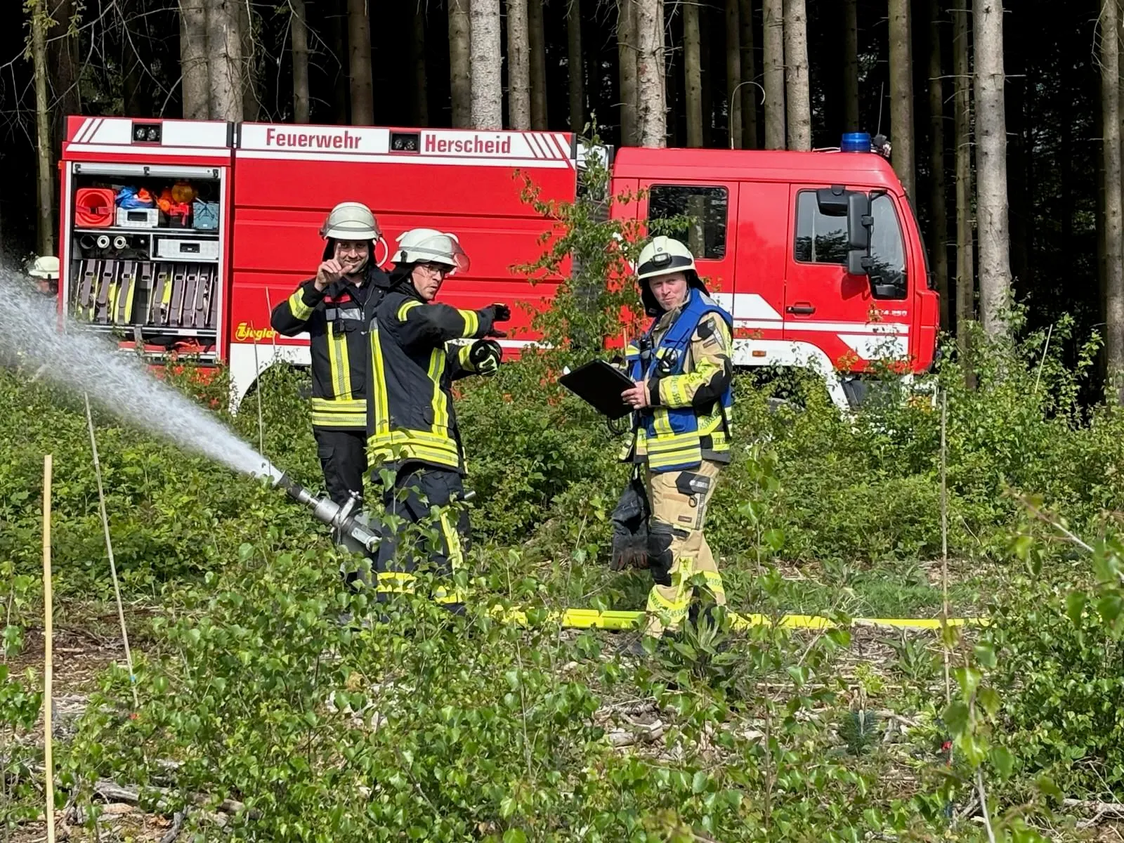 Feuerwehrleute löschen ein kleines Flächenfeuer am Waldrand, während ein Kollege Notizen macht. Im Hintergrund steht ein rotes Feuerwehrfahrzeug mit der Aufschrift „Feuerwehr Herschheid“.
