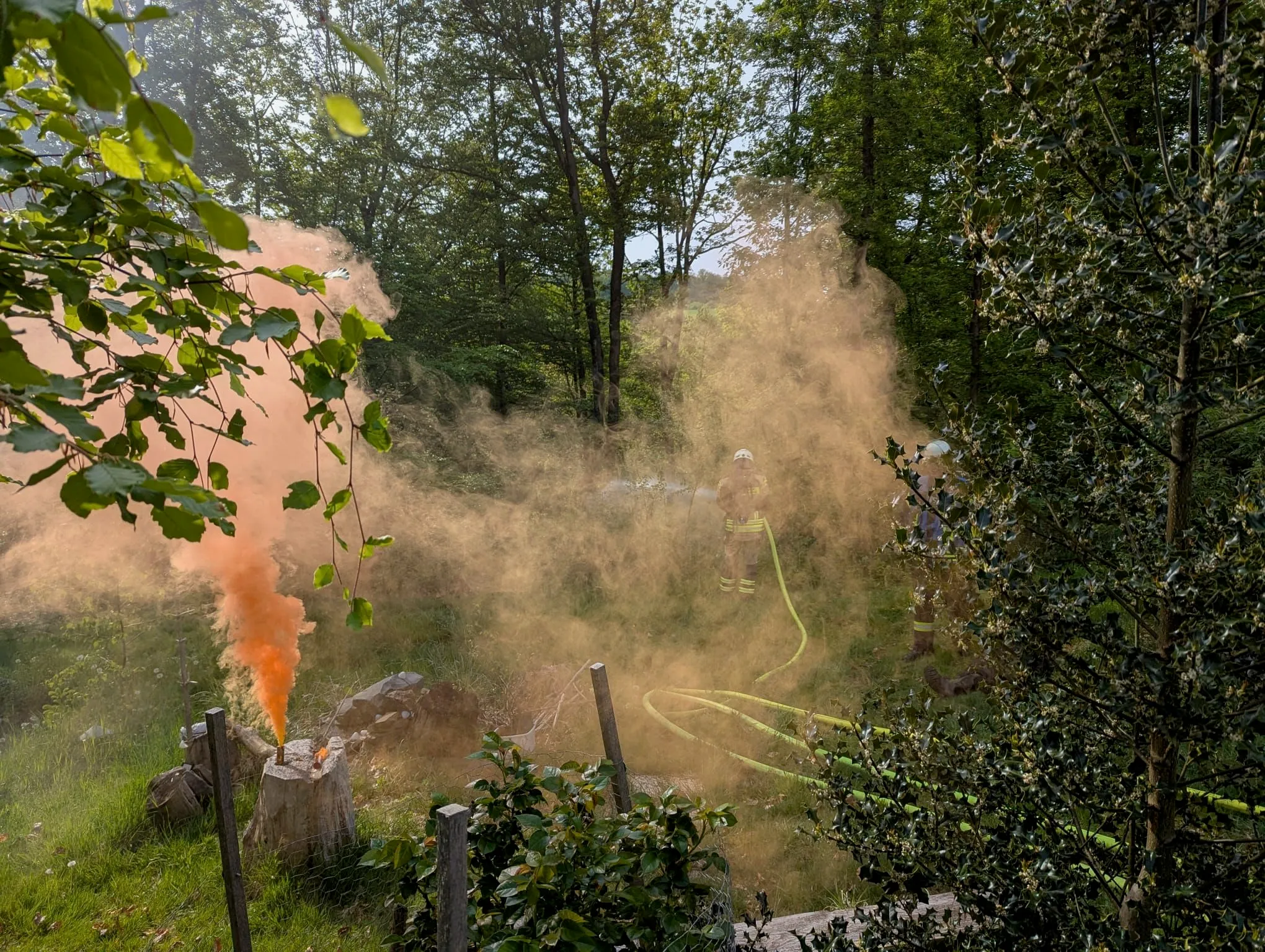 Zwei Feuerwehrleute löschen ein kleines Feuer im Wald, Rauch steigt auf und verdeckt teilweise die Sicht.