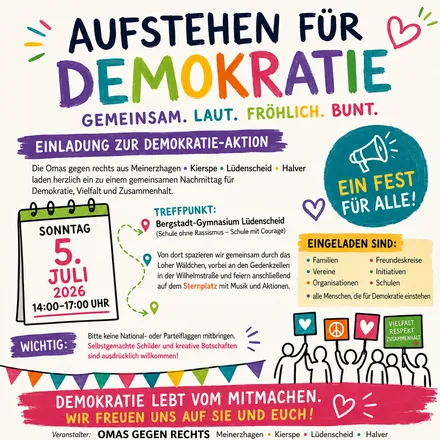 Einladung zu einer Demonstration am 5. Juli 2026 in Lüdenscheid für Demokratie, Vielfalt und Zusammenhalt, organisiert von „Omas gegen rechts“. Der Flyer zeigt eine stilisierte Menschenmenge und Symbole für Frieden und Vielfalt.