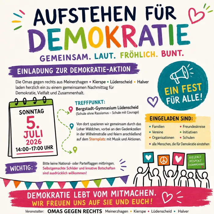 Einladung zu einer Demonstration am 5. Juli 2026 in Lüdenscheid für Demokratie, Vielfalt und Zusammenhalt, organisiert von „Omas gegen rechts“. Der Flyer zeigt eine stilisierte Menschenmenge und Symbole für Frieden und Vielfalt.