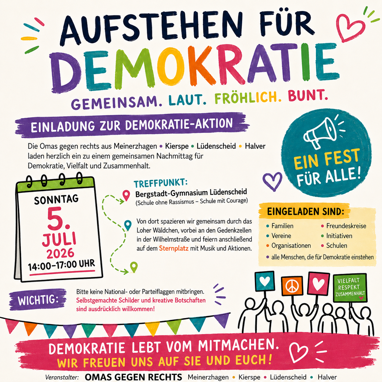 Einladung zu einer Demonstration am 5. Juli 2026 in Lüdenscheid für Demokratie, Vielfalt und Zusammenhalt, organisiert von „Omas gegen rechts“. Der Flyer zeigt eine stilisierte Menschenmenge und Symbole für Frieden und Vielfalt.