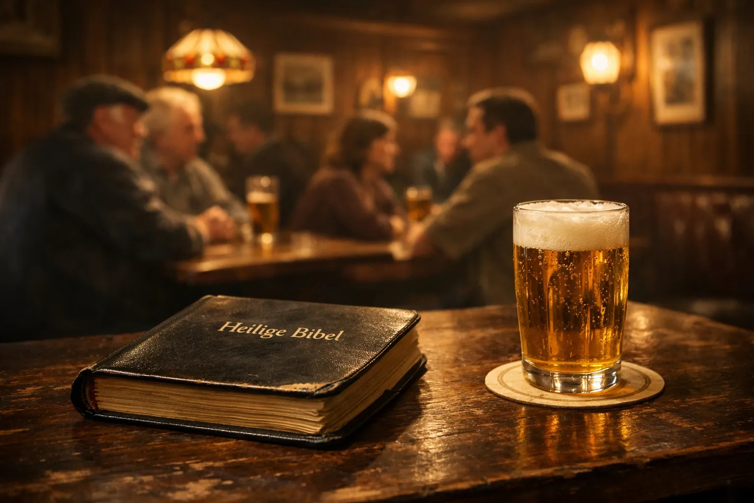 Ein offenes Buch mit dem Titel „Heilige Bibel“ und ein volles Bierglas stehen auf einer Holztischplatte im Vordergrund eines Pubs mit verschwommenen Gästen im Hintergrund.