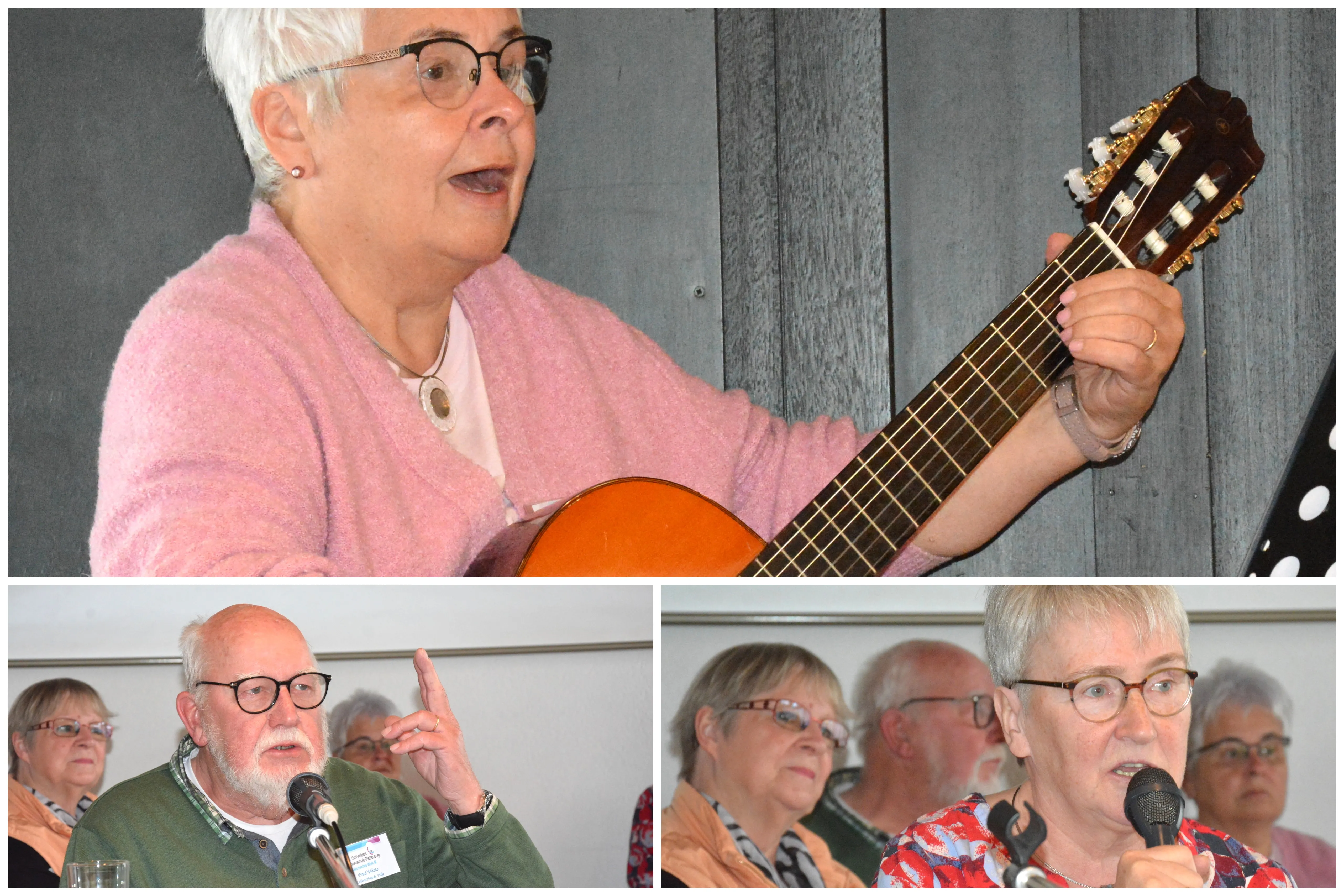 Collage zeigt eine Frau beim Gitarrespielen, einen Mann mit Mikrofon und eine Frau, die in ein Mikrofon spricht, umgeben von Zuhörern.