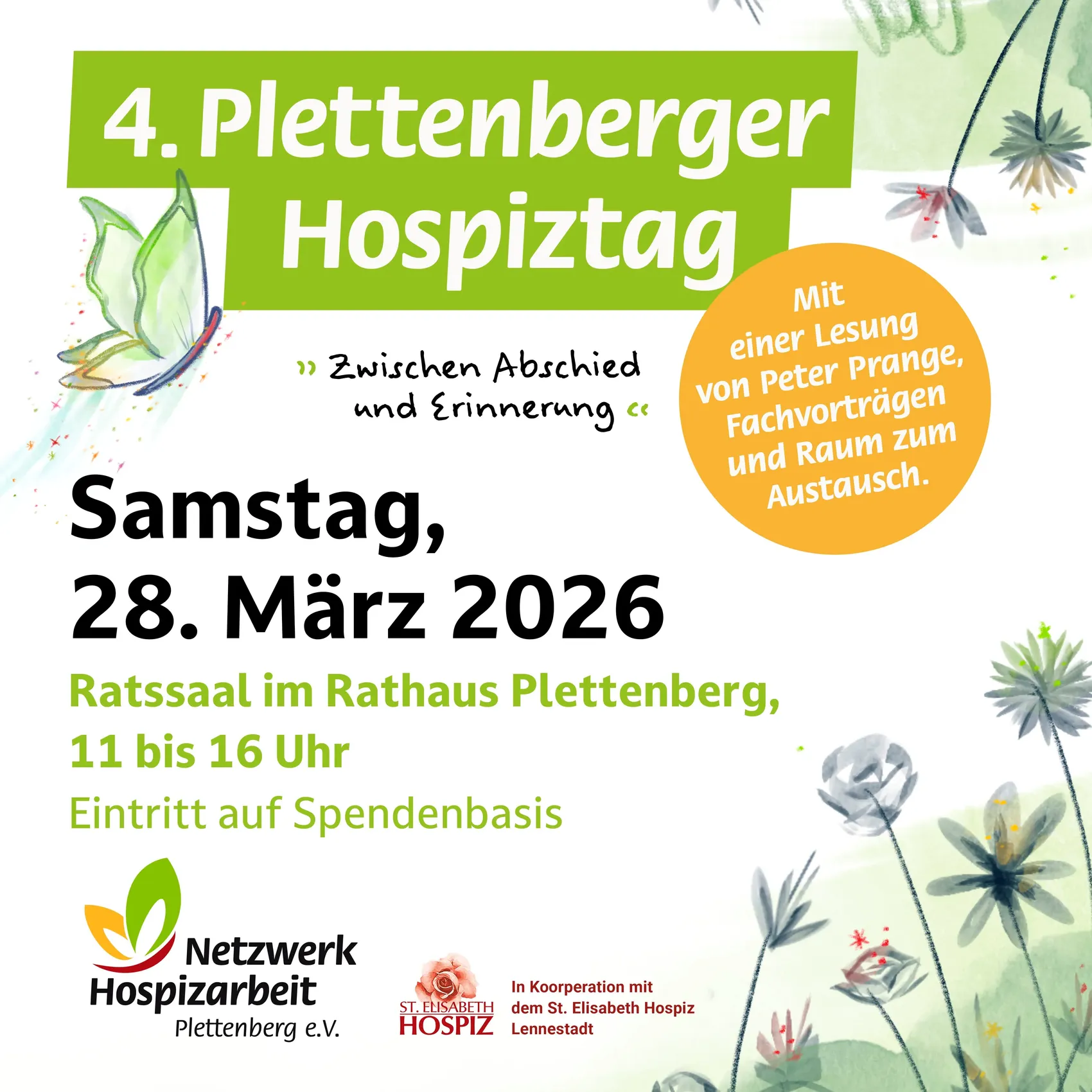 Werbeanzeige für den 4. Plettenberger Hospiztag am 28. März 2026 im Ratssaal Plettenberg mit Lesung, Fachvorträgen und Spendenaufruf.