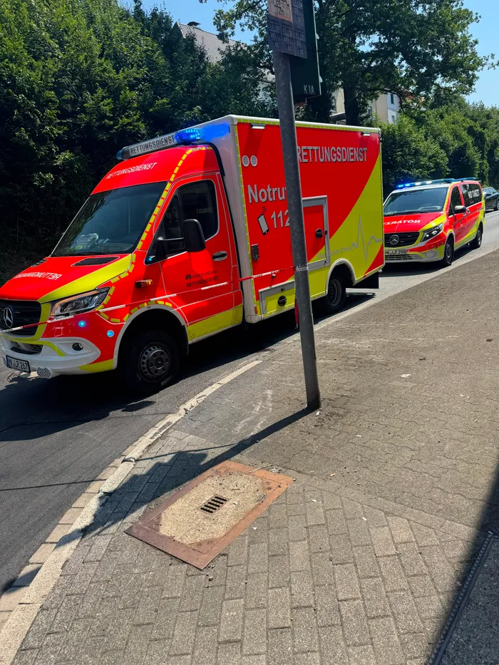 Zwei Rettungswagen mit rotem und gelbem Farbschema stehen auf einer Straße neben einem Gehweg. Die Fahrzeuge tragen die Aufschrift 