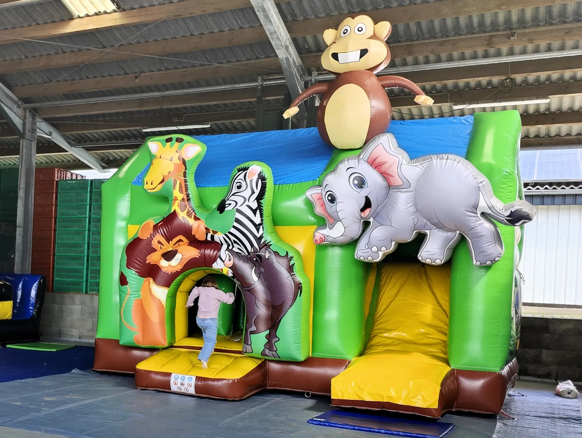 Ein Kind betritt eine aufblasbare Hüpfburg mit Tiermotiven wie Löwe, Giraffe, Zebra und Elefant. Im Hintergrund ist ein Affe auf der Hüpfburg zu sehen.