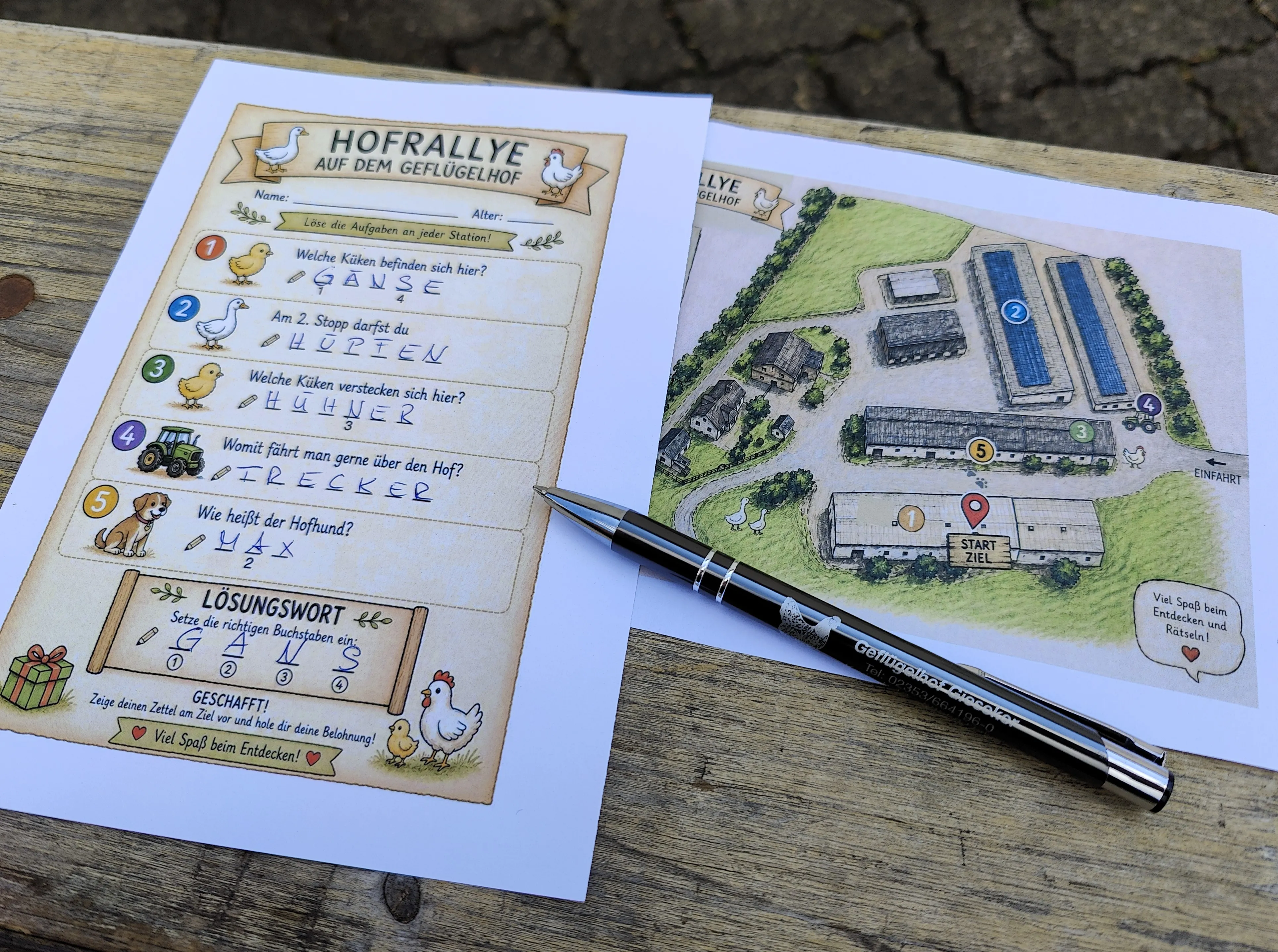 Ausgefülltes Rallye-Heft mit Fragen zum Geflügelhof neben einem Stift und einer Vogelperspektive des Hofgeländes mit verschiedenen Stationen.