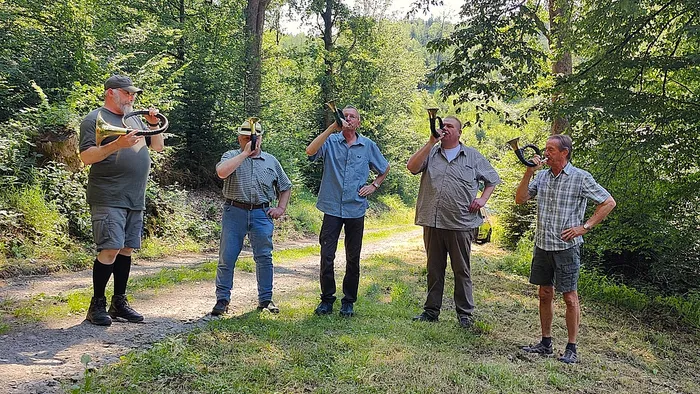 Fünf Männer stehen auf einem Waldweg und spielen auf Alphörnern. Im Hintergrund sind Bäume und dichtes Grün zu sehen.