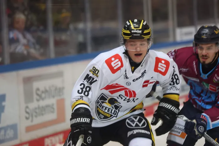 Ein Eishockeyspieler der Krefeld Pinguine in weißem Trikot mit der Nummer 38 während eines Spiels auf dem Eis.
