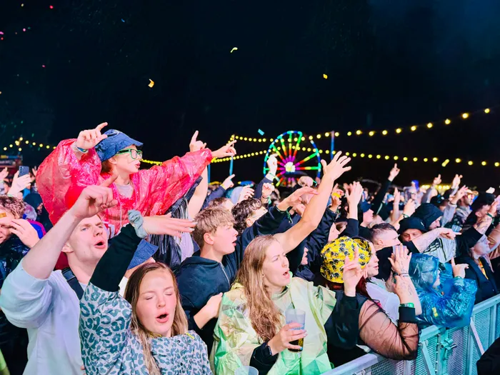 Jubelnde Menschenmenge bei einem Open-Air-Event bei Nacht mit einem beleuchteten Riesenrad im Hintergrund.