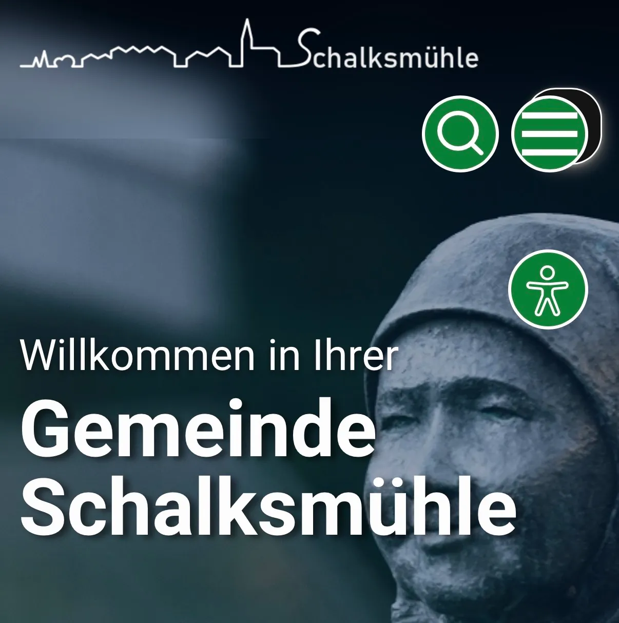 Startseite der neuen Homepage der Gemeinde Schalksmühle mit dem Schriftzug „Willkommen in Ihrer Gemeinde Schalksmühle“ und einem Bild des Rathauses.