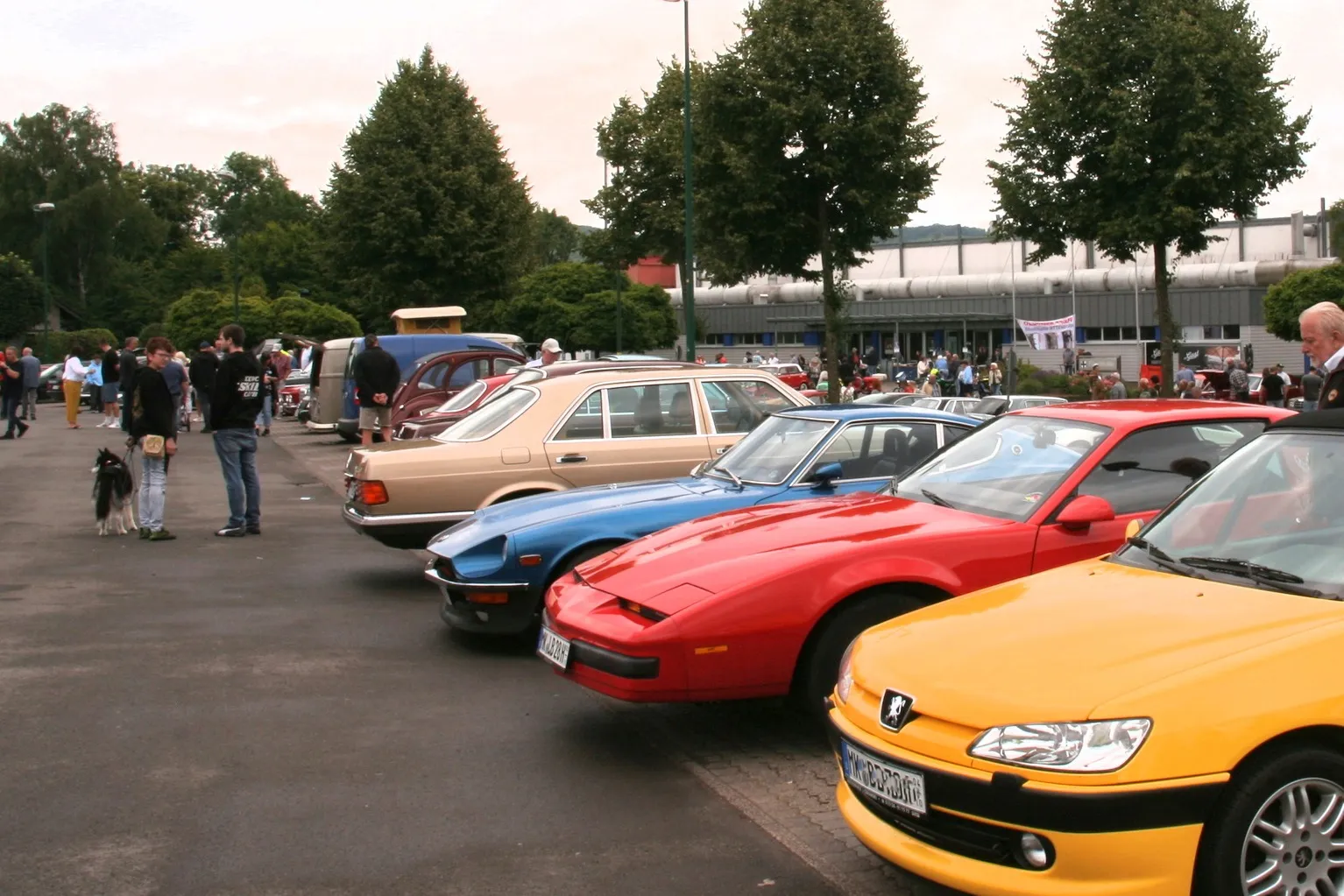 Reihe von Oldtimern vor einer Stadthalle, darunter ein gelber Peugeot, ein roter Sportwagen und eine beigefarbene Limousine. Im Hintergrund stehen weitere Fahrzeuge und Besucher.