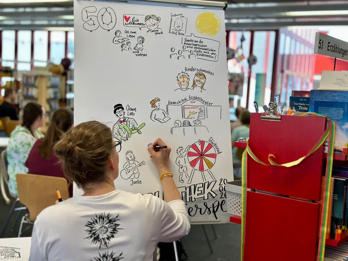 Eine Person zeichnet mit einem schwarzen Stift auf ein großes Plakat, das mit Illustrationen und Texten zum Thema Geschichten und Erzähltheater dekoriert ist. Im Hintergrund sind Menschen und ein Tisch mit Büchern zu sehen.