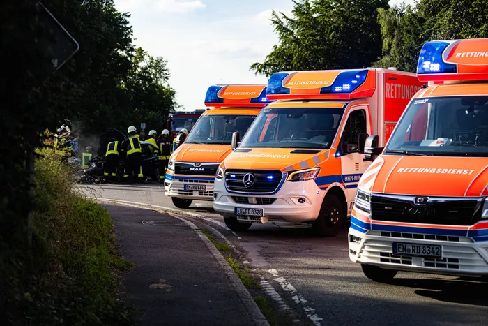 Mehrere Rettungswagen und Einsatzkräfte sind an einem Unfallort auf einer Landstraße zu sehen. Im Hintergrund sind weitere Einsatzfahrzeuge und vermutlich ein beschädigtes Fahrzeug erkennbar.