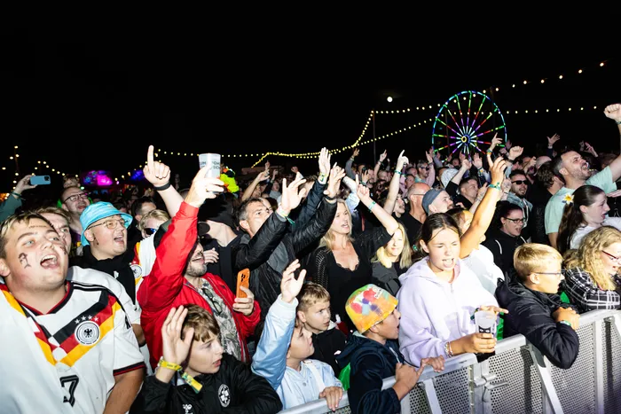 Eine jubelnde Menschenmenge bei einem Musikfestival bei Nacht vor einem beleuchteten Riesenrad.