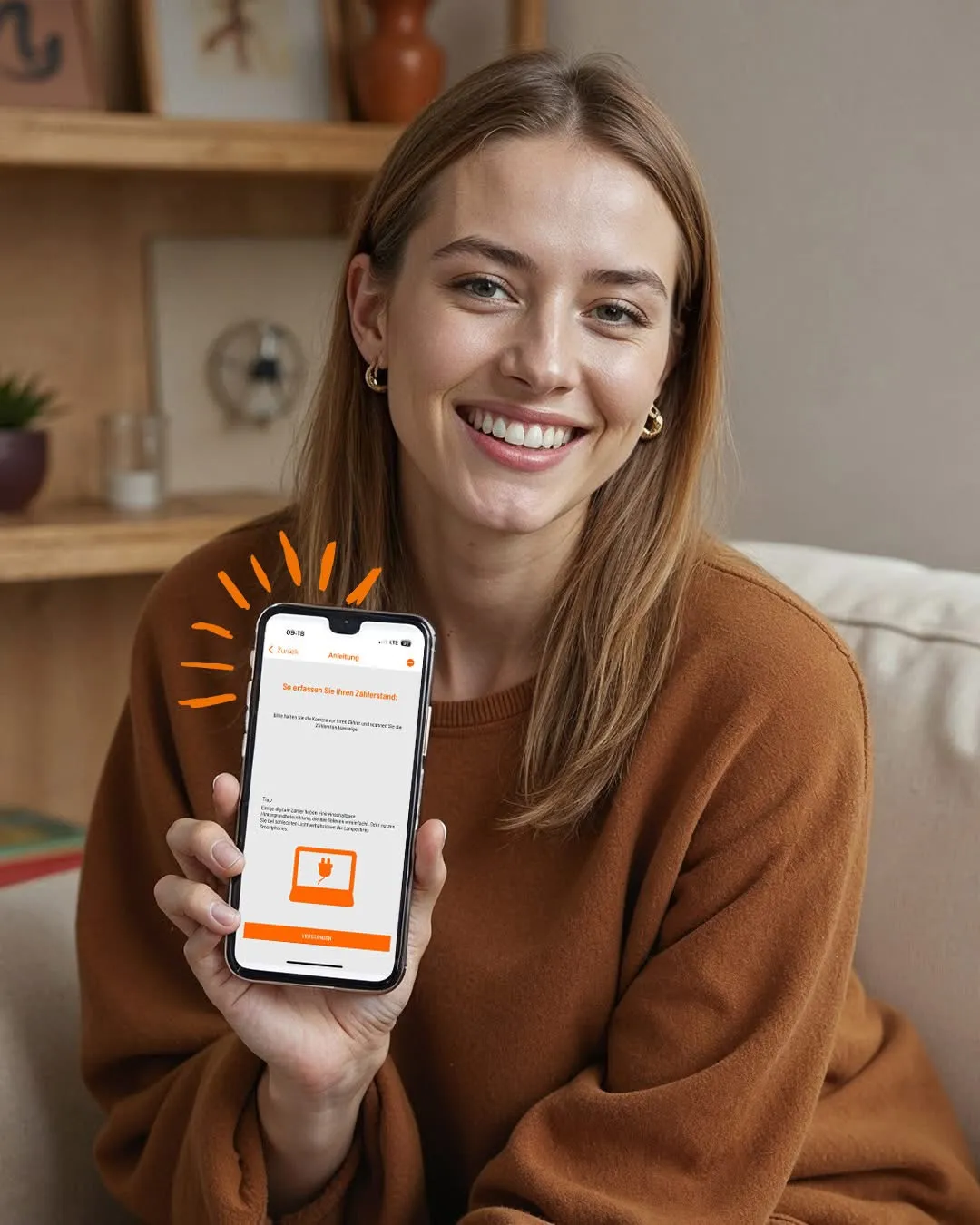 Junge Frau hält ein Smartphone mit der Mark-E App vor sich. Auf dem Bildschirm ist eine Grafik mit einer stilisierte Hand zu sehen.