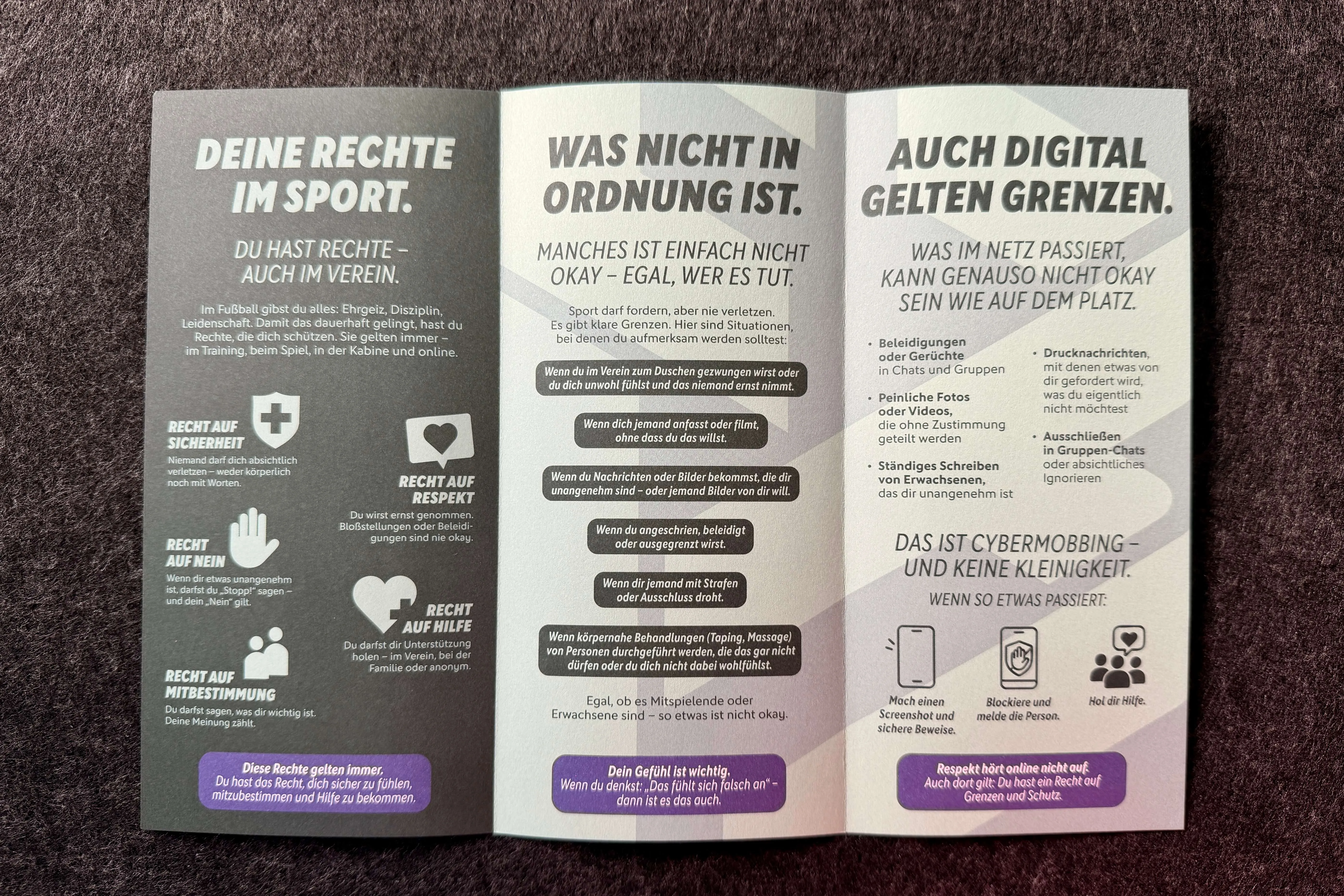 Flyer des Deutschen Fußballbundes informieren über Rechte und Grenzen im Sport, darunter Schutz vor Gewalt, Beleidigungen und Cybermobbing.