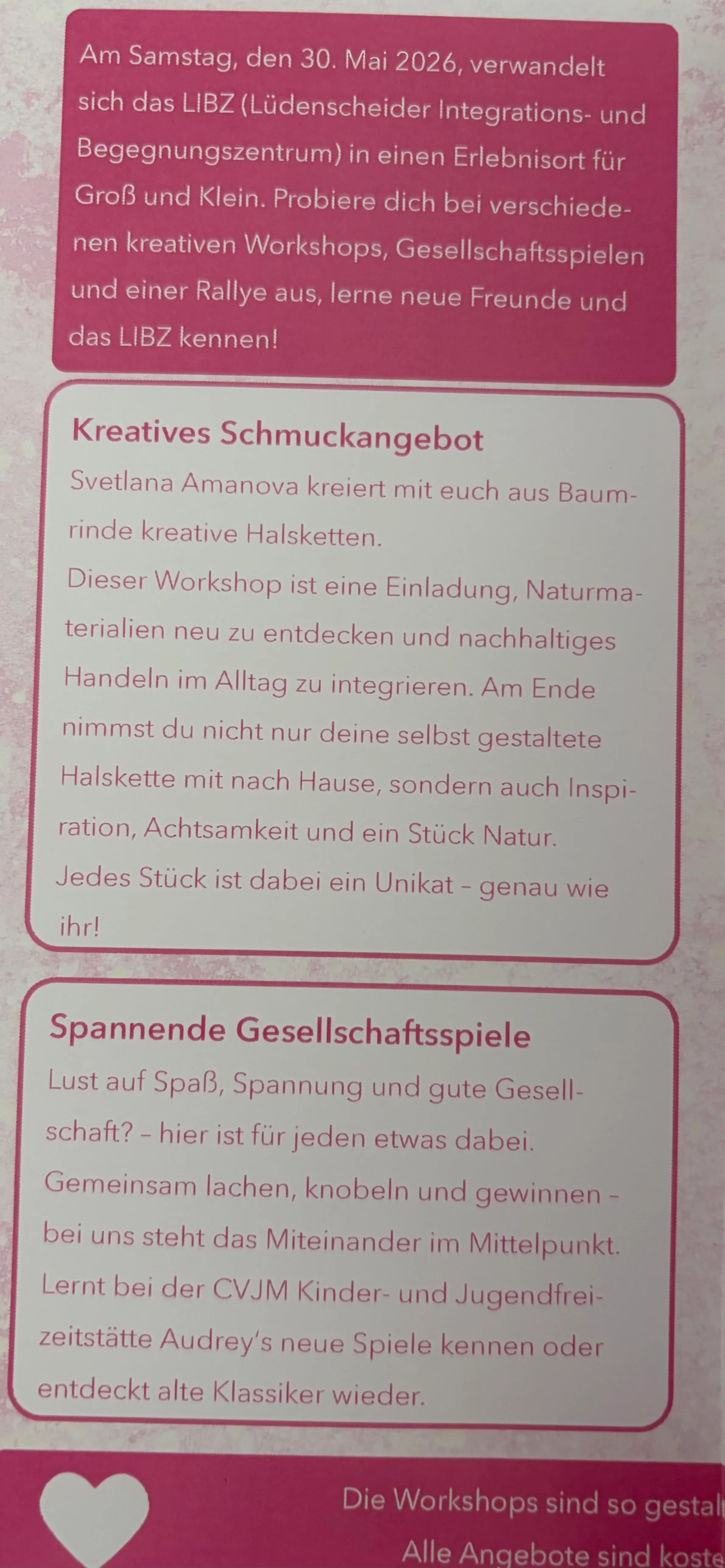 Flyer für das „Open LIBZ — Zusammen bunt“ am 30. Mai 2026 mit Informationen zu Workshops, Schmuckangeboten und Gesellschaftsspielen.