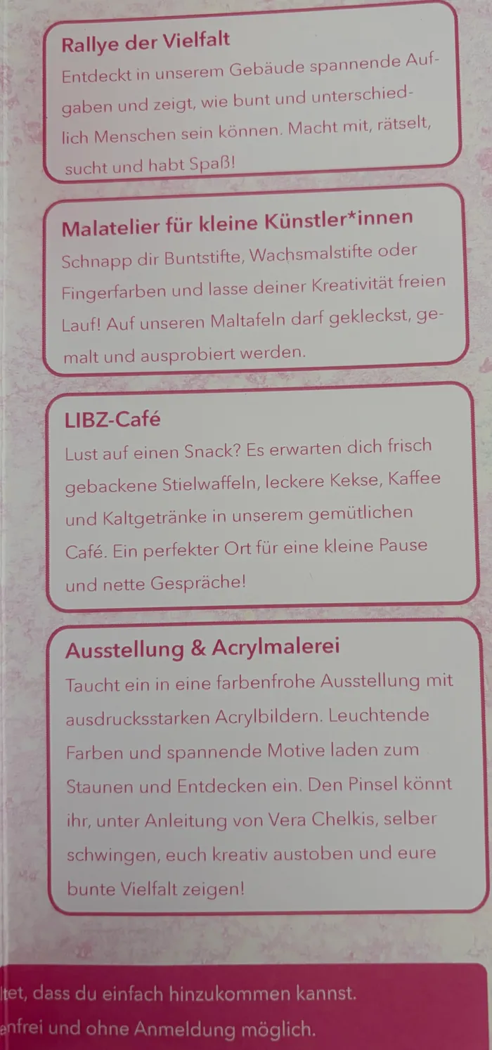 Flyer mit Informationen zu verschiedenen Angeboten: eine Rallye, ein Malkurs für Kinder, ein Café und eine Ausstellung mit Acrylmalerei.