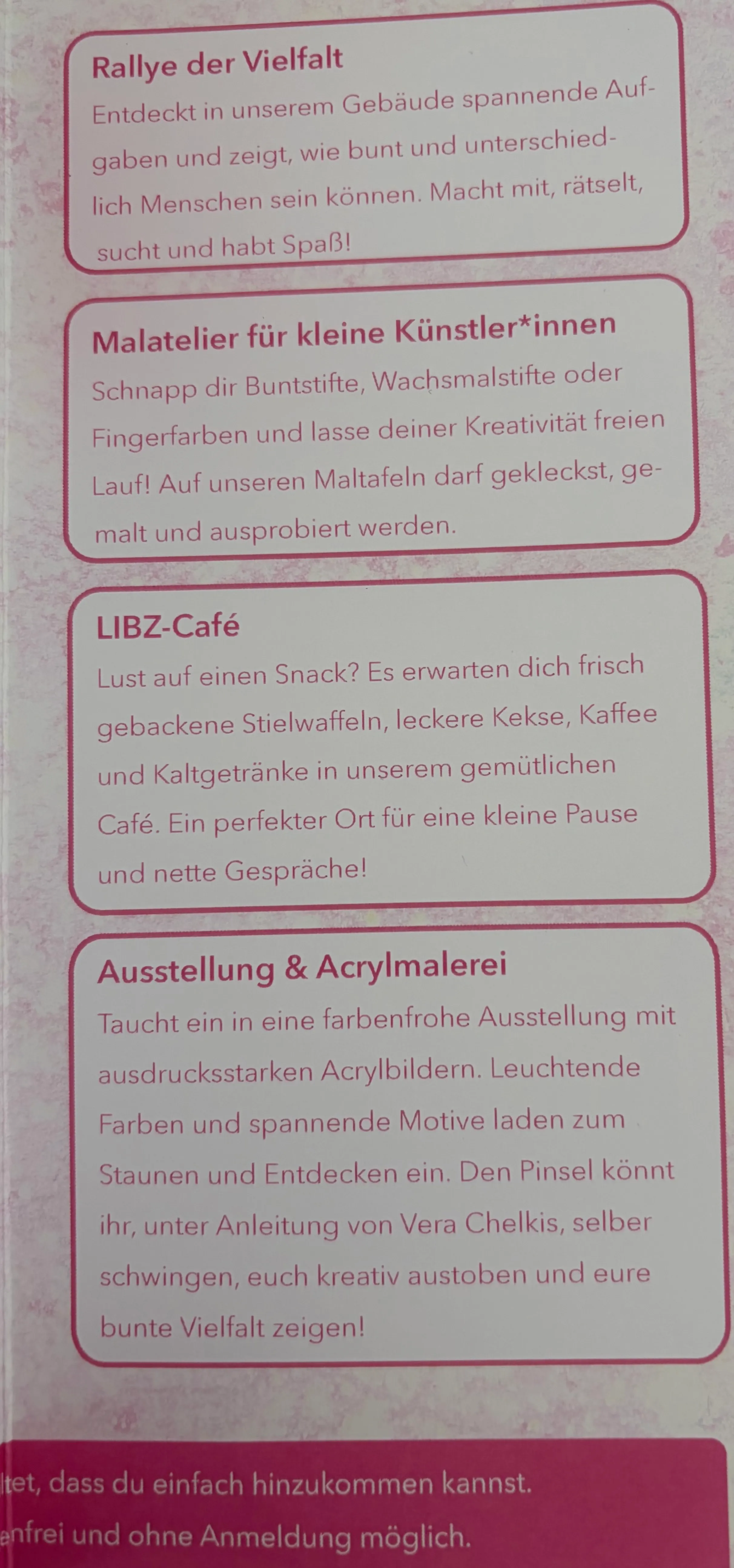 Flyer mit Informationen zu verschiedenen Angeboten: eine Rallye, ein Malkurs für Kinder, ein Café und eine Ausstellung mit Acrylmalerei.