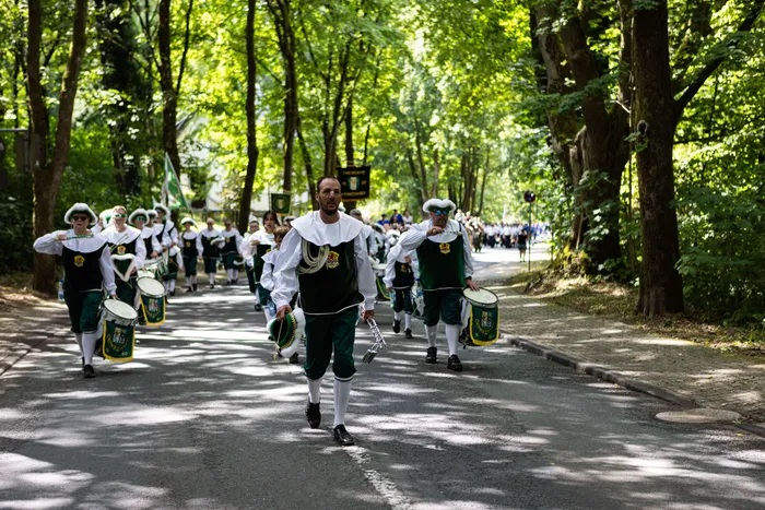 Eine Schützengilde marschiert auf einer Baumallee, vorneweg ein Spielmannszug mit grünen Uniformen und Trommeln.