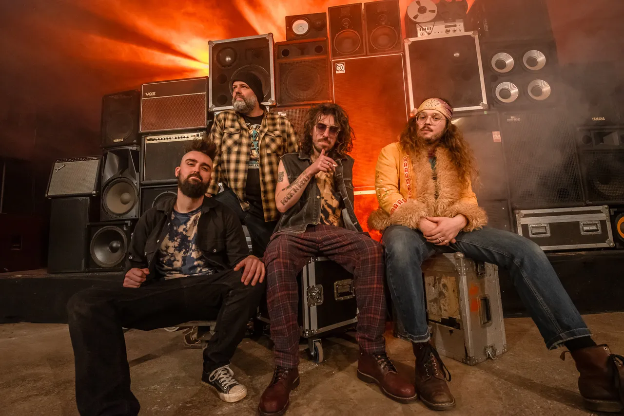 Vier Musiker der Band Trip posieren vor großen Lautsprecherboxen und Verstärkern im orangefarbenen Licht des iRock-Festivals 2026.