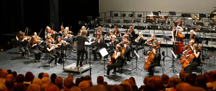 Orchester spielt auf einer Bühne vor Publikum. Der Dirigent Johannes Gehring steht mit dem Rücken zum Betrachter und dirigiert.