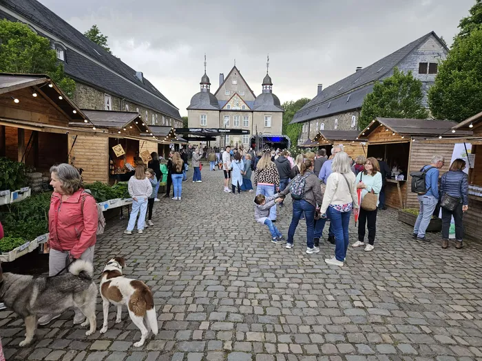 Menschen schlendern auf einem gepflasterten Hof vor einem historischen Schloss zwischen Marktständen mit Pflanzen und Waren.