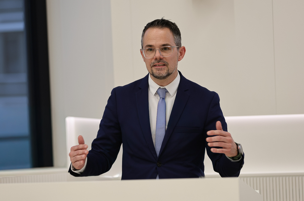 Kai Krause, Mitglied der FDP, gestikulierend während einer Rede oder Präsentation an einem weißen Rednerpult.