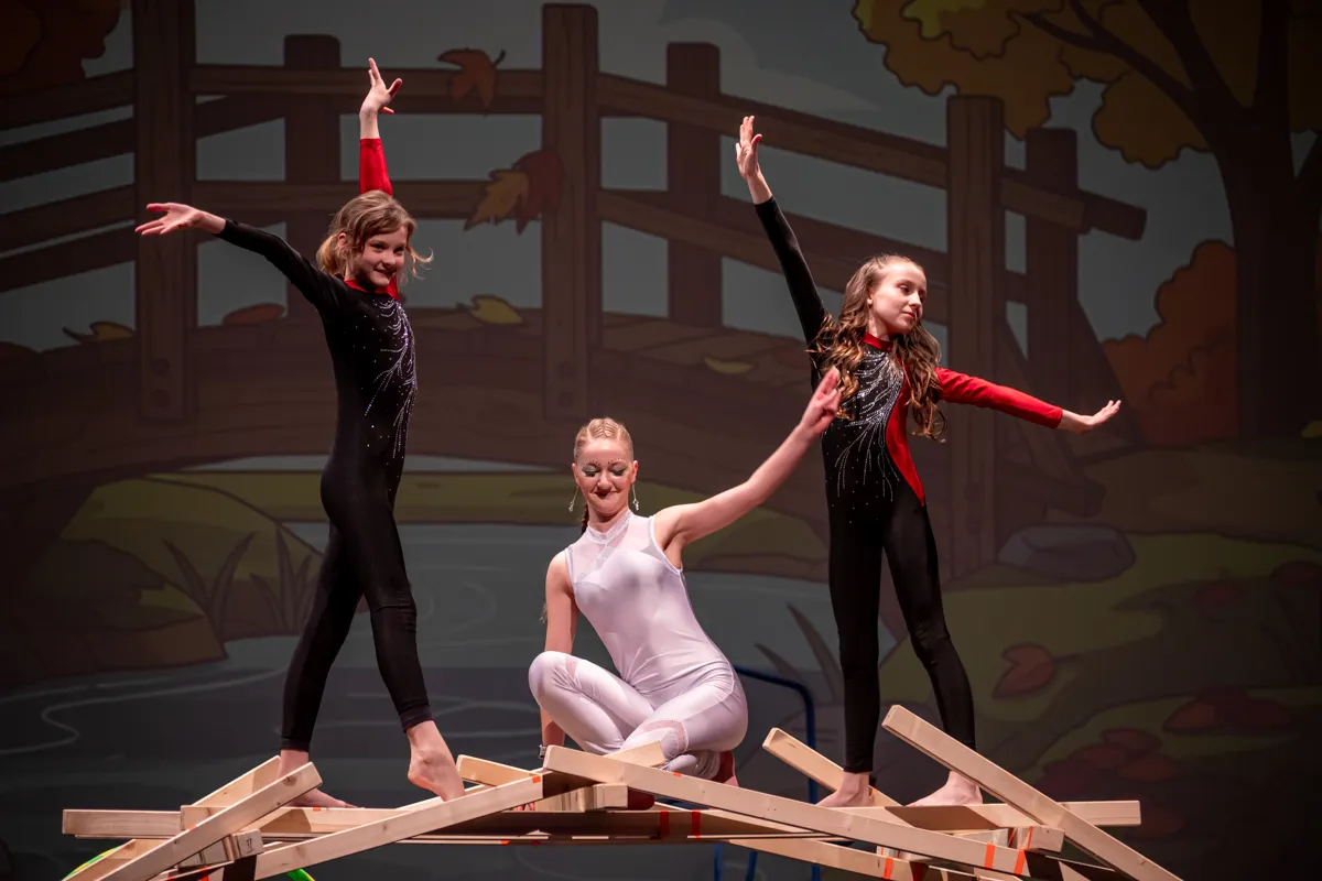 Drei junge Artisten balancieren auf schrägen Holzbrettern vor einer Kulisse mit Zaun und Bäumen.