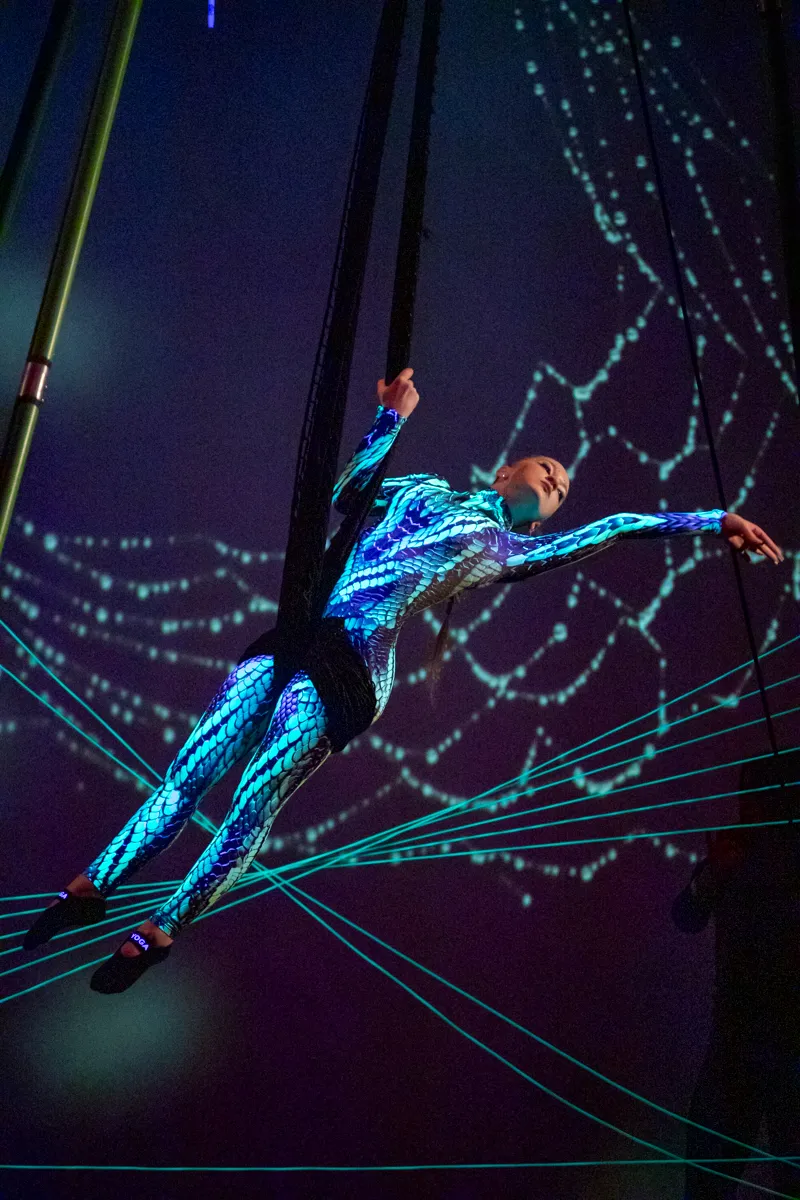 Eine Artistin in einem schimmernden blauen Ganzkörperkostüm hängt an einem Tuch und führt eine akrobatische Übung in der Luft auf.