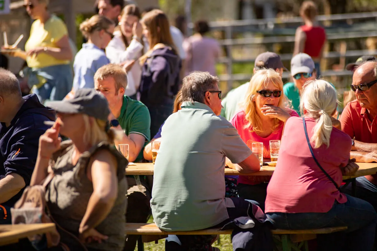 Menschen sitzen an Biertischgarnituren im Freien, unterhalten sich und trinken aus Gläsern. Im Hintergrund weitere Besucher und Bäume.