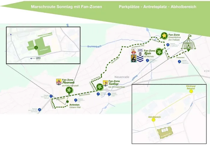 Karte der Marschroute des Festumzugs am Sonntag in Neuenrade mit eingezeichneten Fan-Zonen, Parkplätzen, dem Antreteplatz und dem Abholbereich.