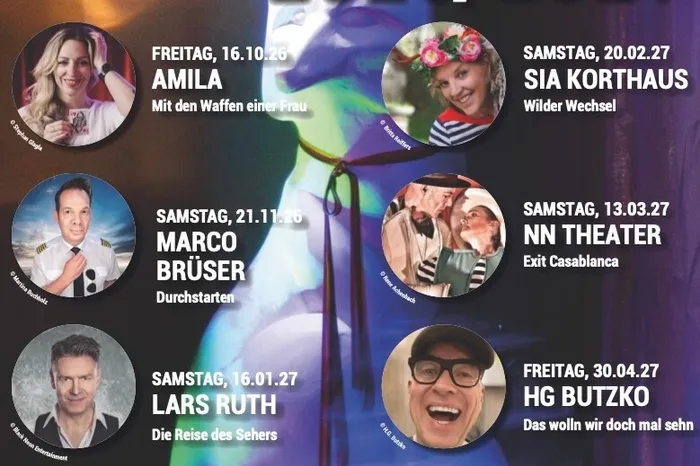 Programmflyer für die Kultursaison 2026/2027 in Ennepetal mit Porträts und Terminen von sechs Veranstaltungen, darunter Amila, Marco Brüser und Lars Ruth.