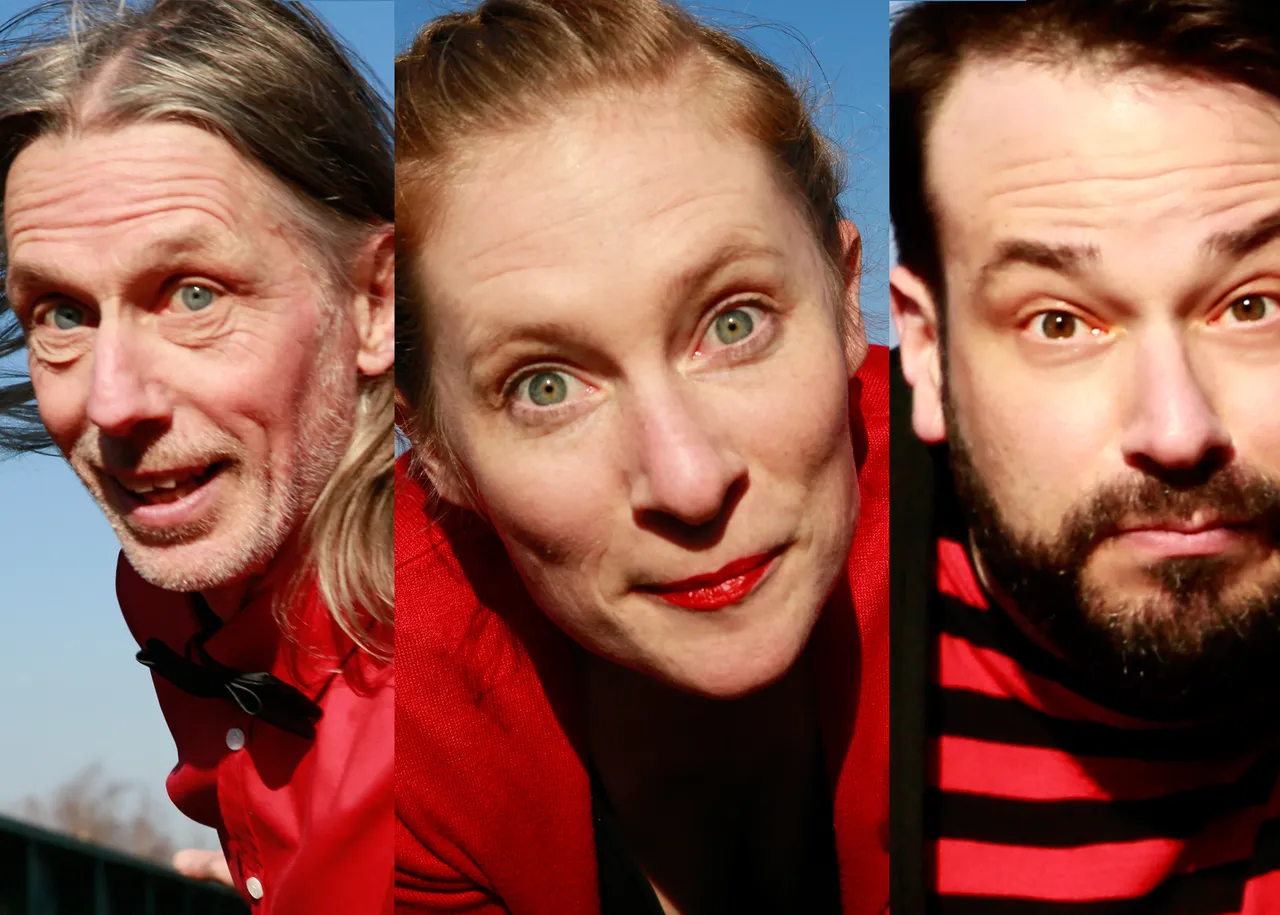 Drei Porträts von Menschen, die an der Kulturwoche teilnehmen. Von links: ein Mann mit langen Haaren und rotem Oberteil, eine Frau mit roten Lippen und ein Mann mit Bart.