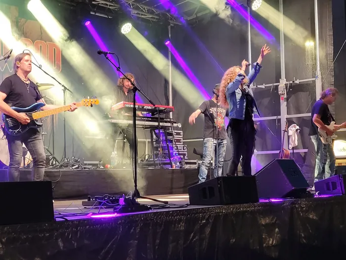 Die Rockband Rockwood tritt auf einer Bühne mit farbiger Beleuchtung und Nebel auf. Zu sehen sind ein Bassist, ein Keyboarder, eine Sängerin und ein Gitarrist.
